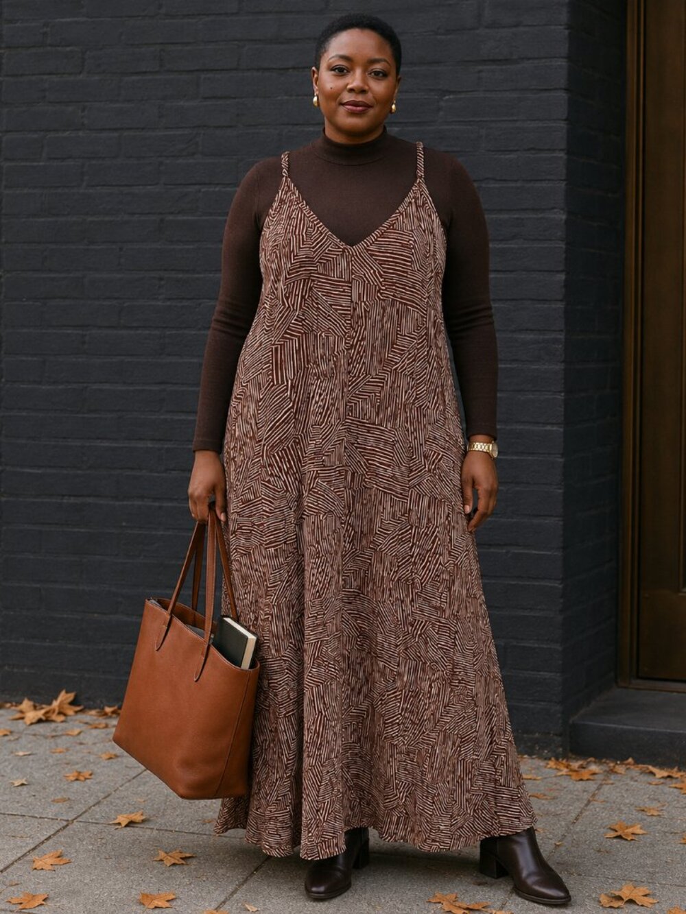 Penningtons Brown Geometric Maxi Dress 2X